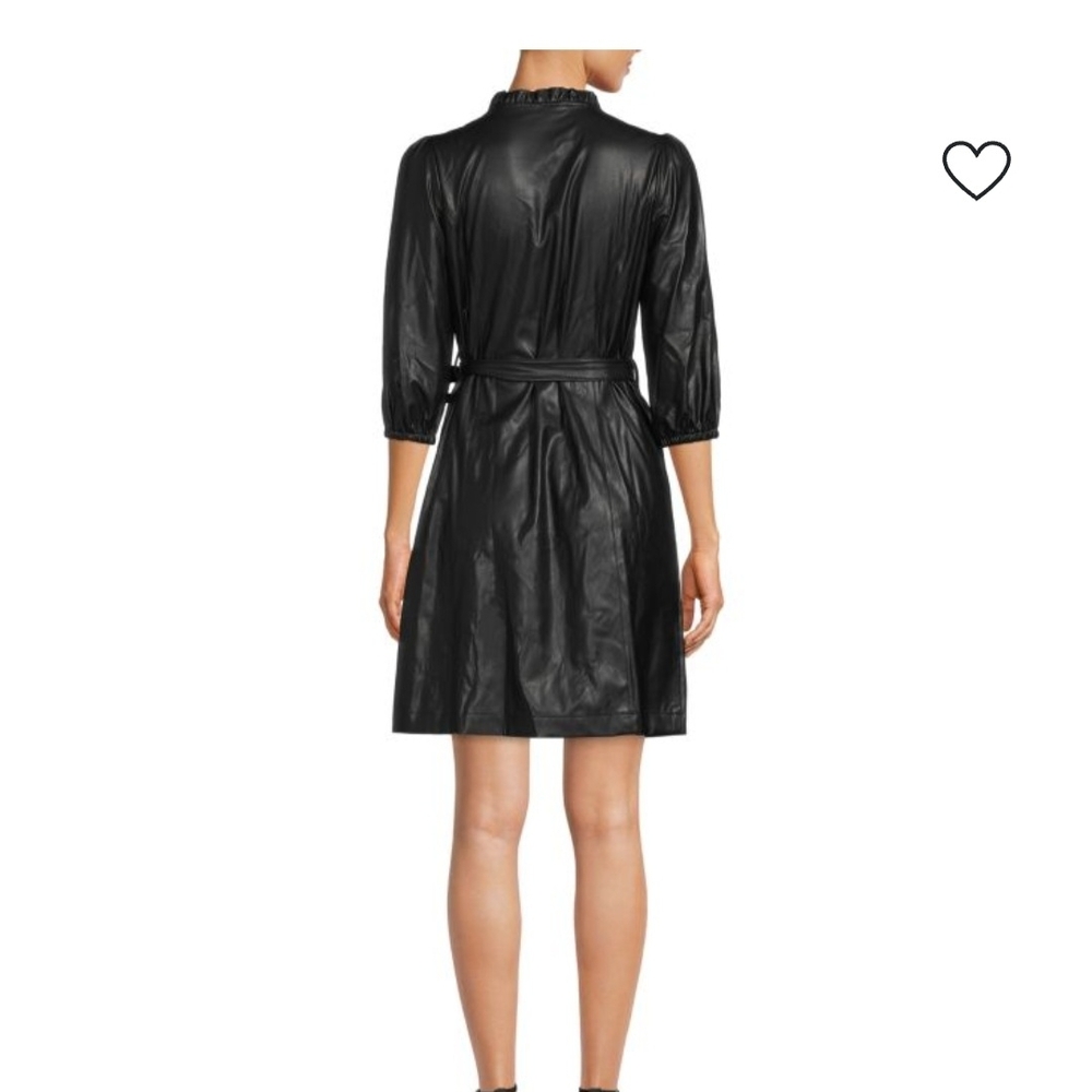 Nanette Lepore Faux Leather Belted  Black Button Up Midi Dress Sz 4 - Picture 3 of 9